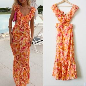 Zara SMALL 100% linen orange floral ruffle cutout tie back midi dress